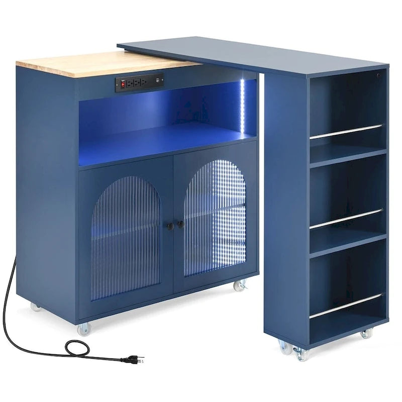 Îlot de cuisine roulant avec table extensible, portes vitrées LED et prises électriques