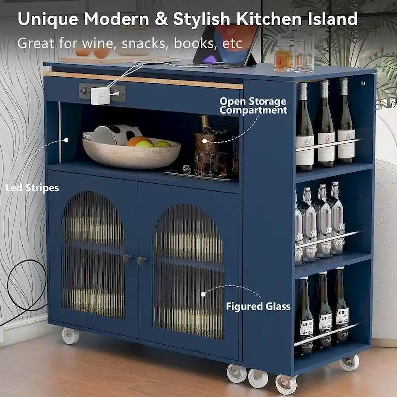 Îlot de cuisine roulant avec table extensible, portes vitrées LED et prises électriques