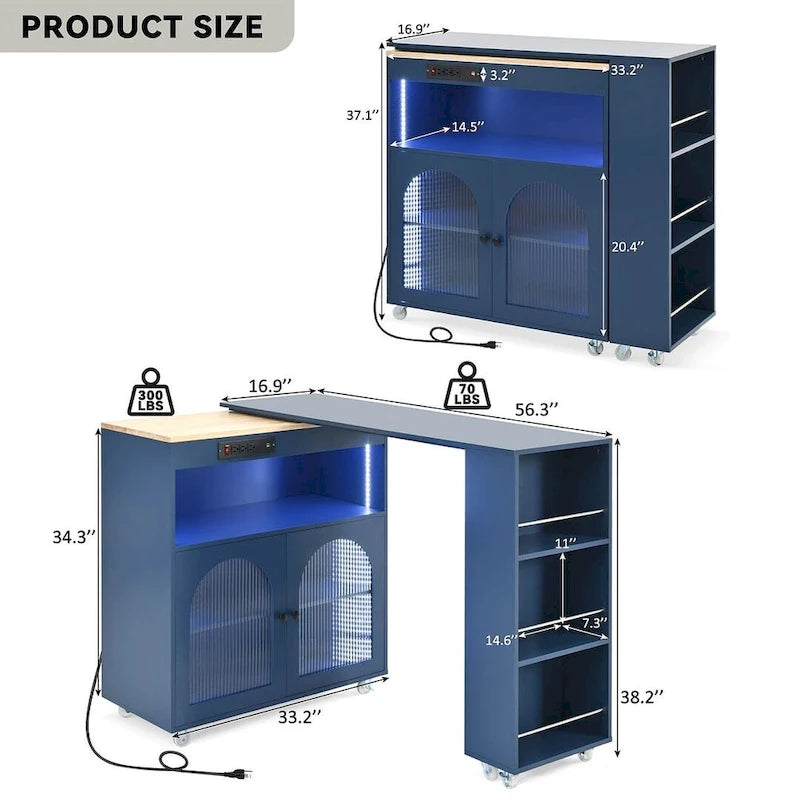 Îlot de cuisine roulant avec table extensible, portes vitrées LED et prises électriques