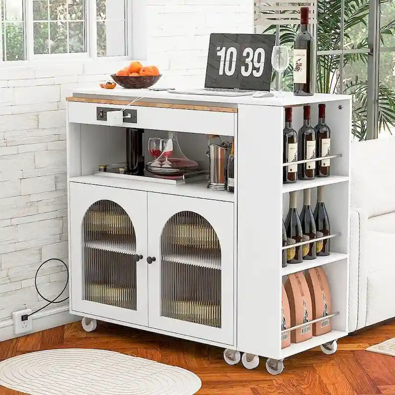 Îlot de cuisine roulant avec table extensible, portes vitrées LED et prises électriques