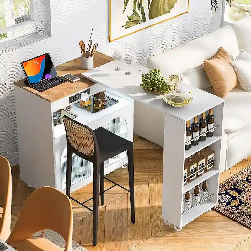 Îlot de cuisine roulant avec table extensible, portes vitrées LED et prises électriques