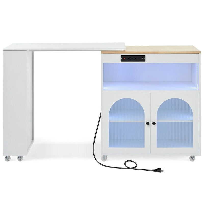 Îlot de cuisine roulant avec table extensible, portes vitrées LED et prises électriques