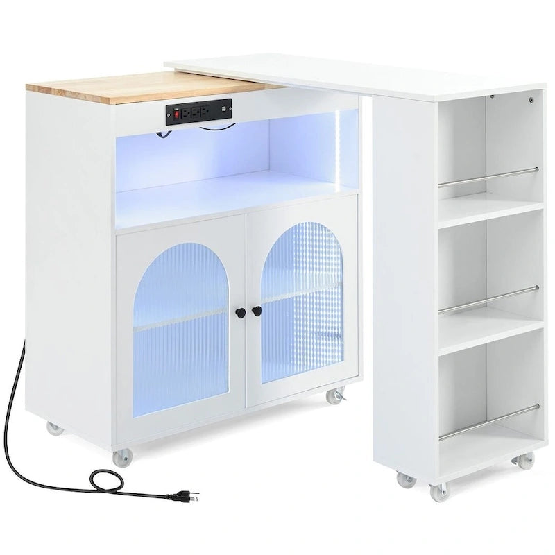 Îlot de cuisine roulant avec table extensible, portes vitrées LED et prises électriques
