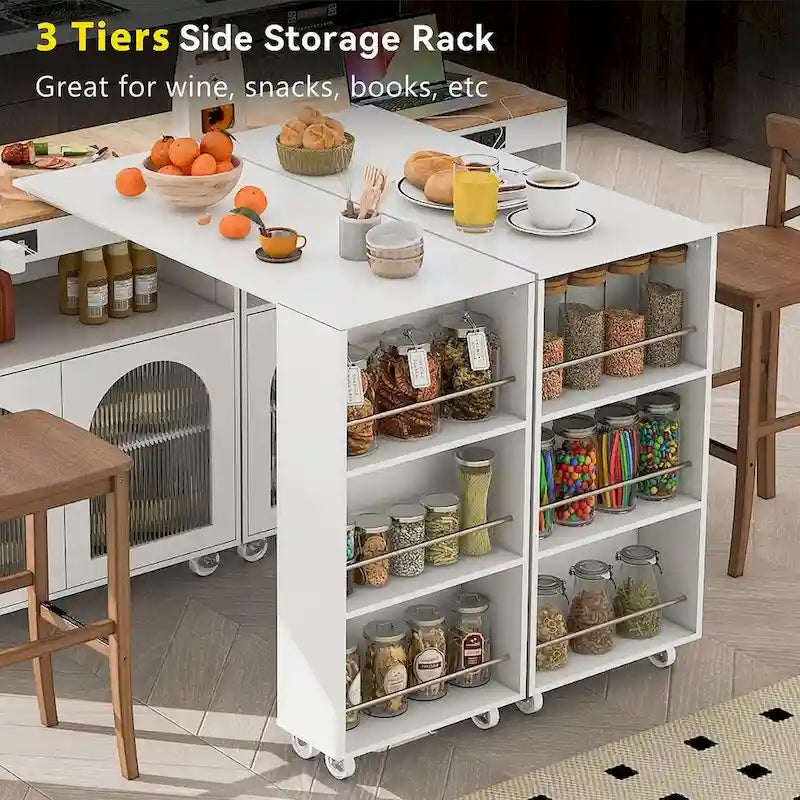Îlot de cuisine roulant avec table extensible, portes vitrées LED et prises électriques