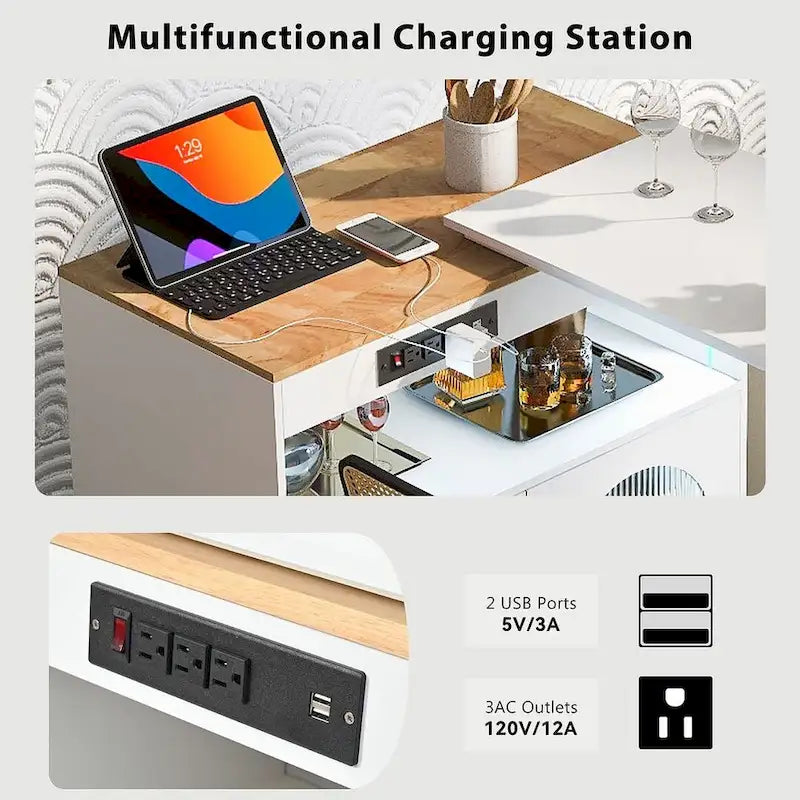 Îlot de cuisine roulant avec table extensible, portes vitrées LED et prises électriques