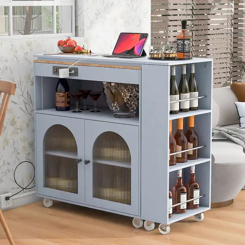 Îlot de cuisine roulant avec table extensible, portes vitrées LED et prises électriques