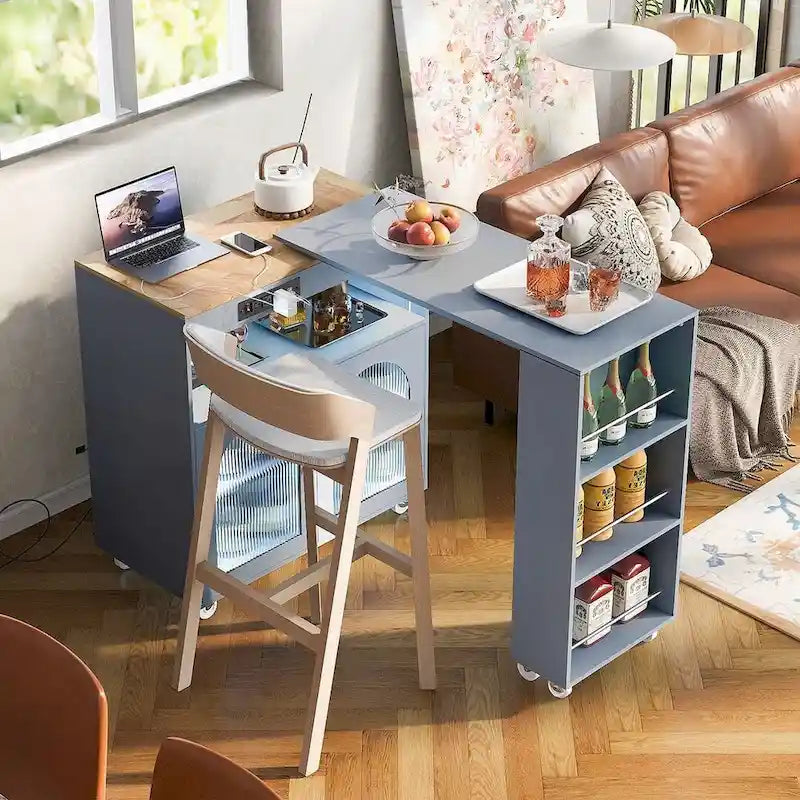 Îlot de cuisine roulant avec table extensible, portes vitrées LED et prises électriques