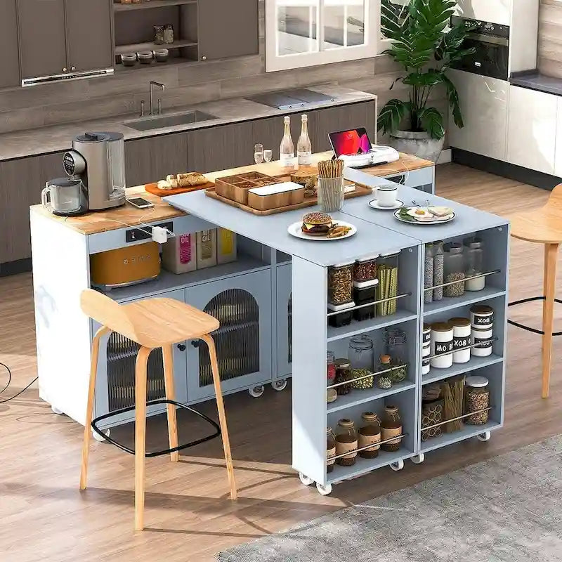 Îlot de cuisine roulant avec table extensible, portes vitrées LED et prises électriques