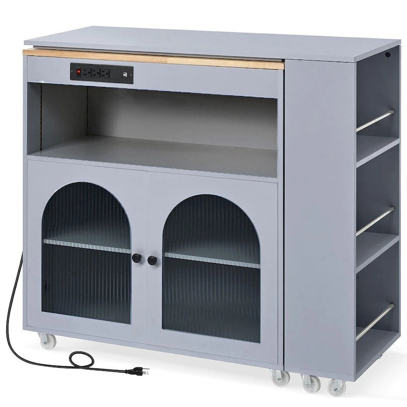 Îlot de cuisine roulant avec table extensible, portes vitrées LED et prises électriques