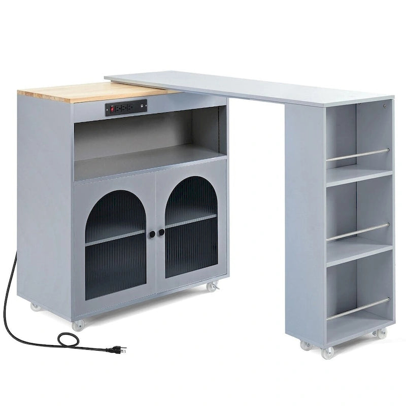 Îlot de cuisine roulant avec table extensible, portes vitrées LED et prises électriques