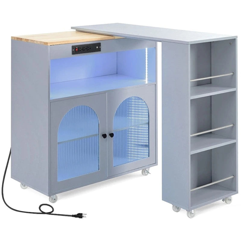 Îlot de cuisine roulant avec table extensible, portes vitrées LED et prises électriques