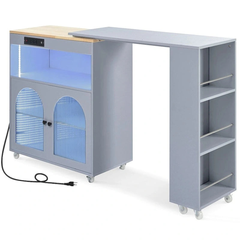 Îlot de cuisine roulant avec table extensible, portes vitrées LED et prises électriques