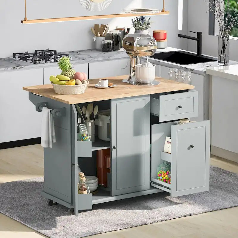 Îlot de cuisine roulant avec plateau en bois rabattable et armoire coulissante à 3 niveaux