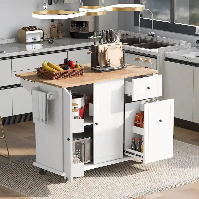 Îlot de cuisine roulant avec plateau en bois rabattable et armoire coulissante à 3 niveaux