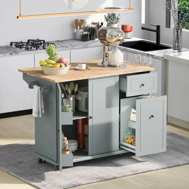 Îlot de cuisine roulant avec plateau en bois rabattable et armoire coulissante à 3 niveaux
