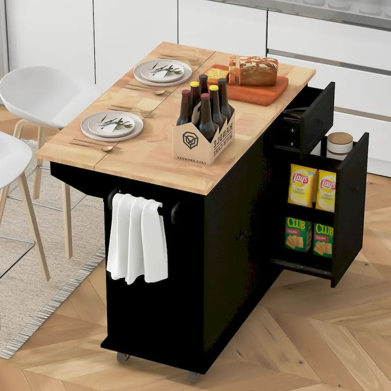 Îlot de cuisine roulant avec plateau en bois rabattable et armoire coulissante à 3 niveaux