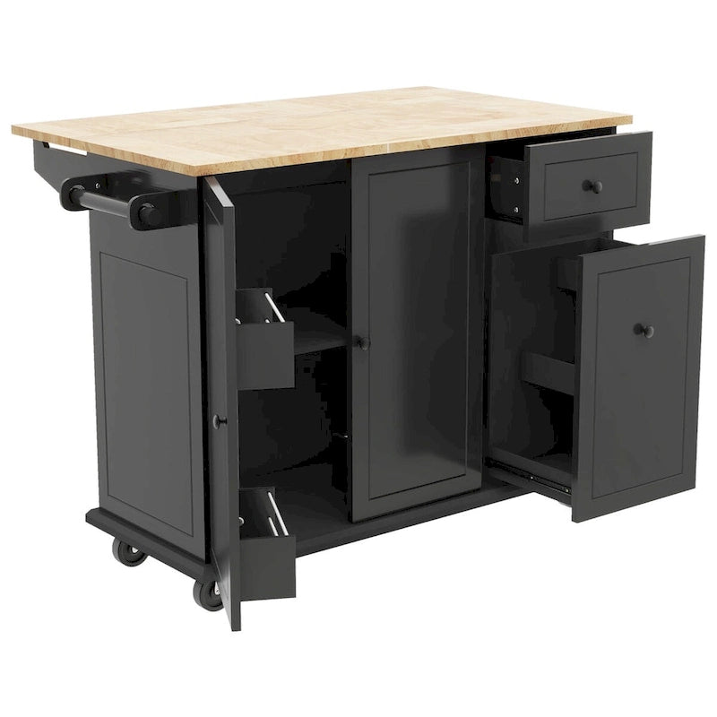 Îlot de cuisine roulant avec plateau en bois rabattable et armoire coulissante à 3 niveaux
