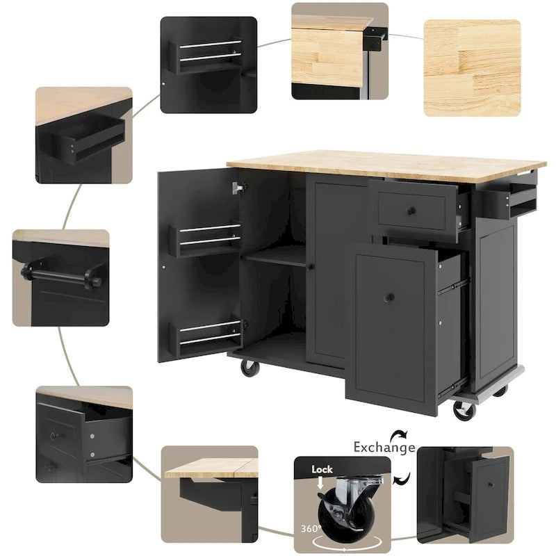 Îlot de cuisine roulant avec plateau en bois rabattable et armoire coulissante à 3 niveaux
