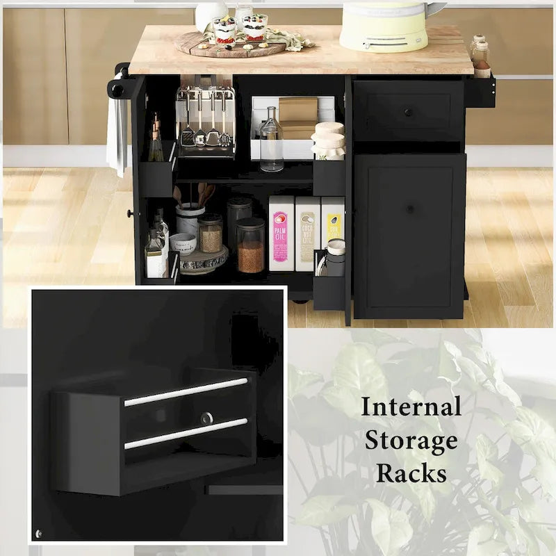 Îlot de cuisine roulant avec plateau en bois rabattable et armoire coulissante à 3 niveaux