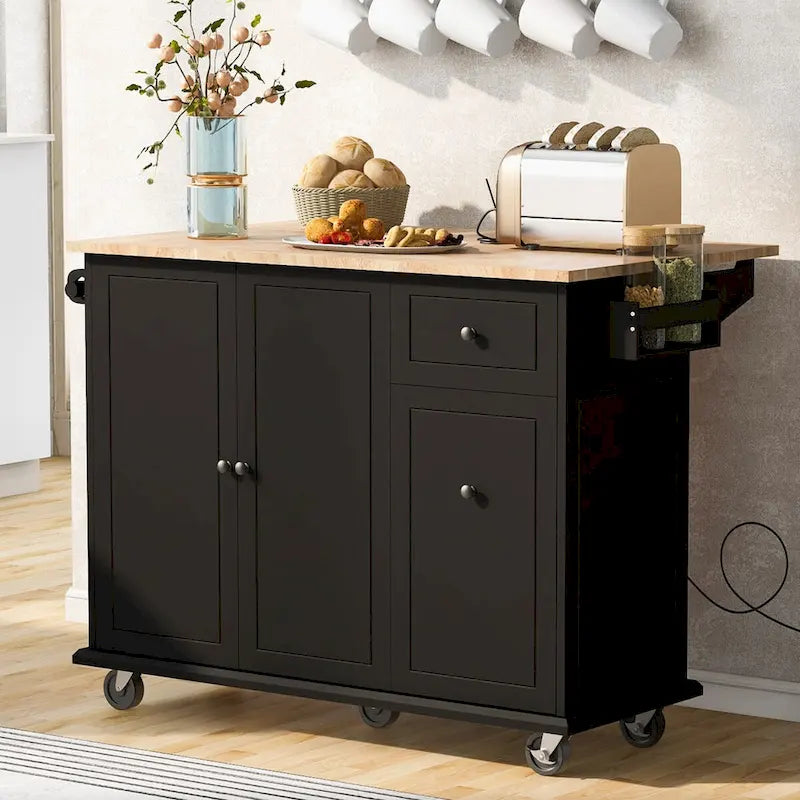 Îlot de cuisine roulant avec plateau en bois rabattable et armoire coulissante à 3 niveaux
