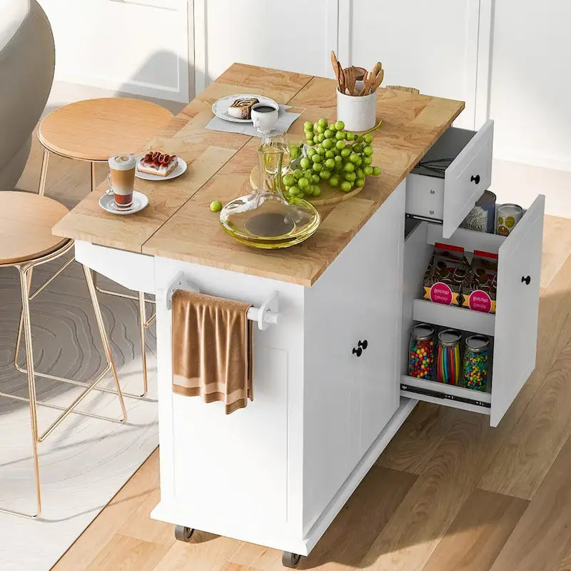 Îlot de cuisine roulant avec plateau en bois rabattable et armoire coulissante à 3 niveaux