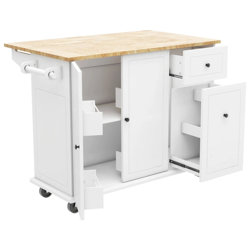 Îlot de cuisine roulant avec plateau en bois rabattable et armoire coulissante à 3 niveaux