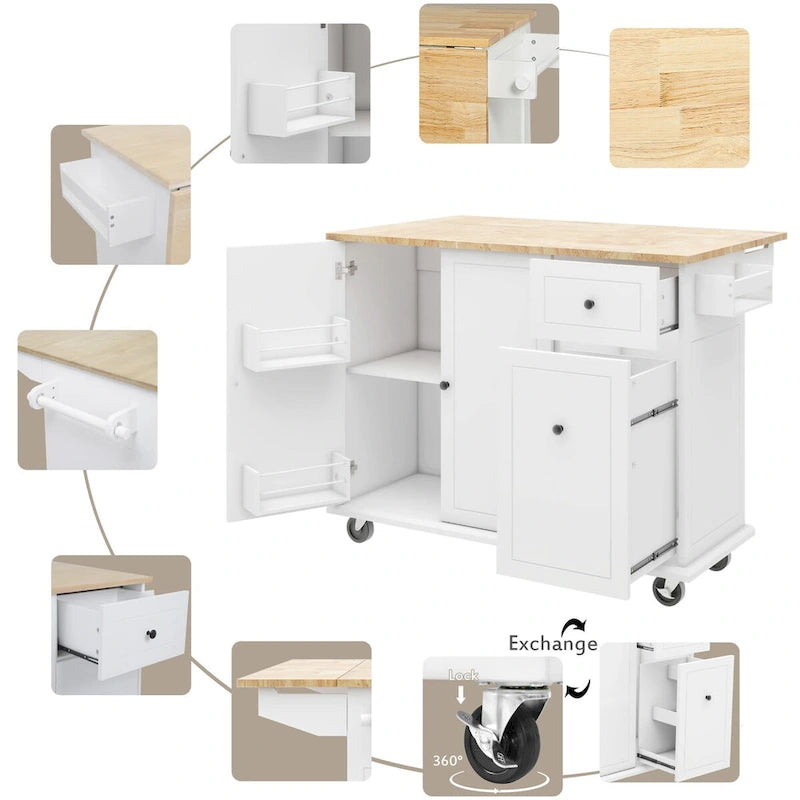 Îlot de cuisine roulant avec plateau en bois rabattable et armoire coulissante à 3 niveaux