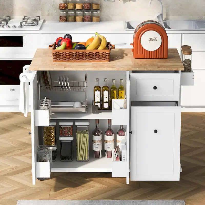 Îlot de cuisine roulant avec plateau en bois rabattable et armoire coulissante à 3 niveaux