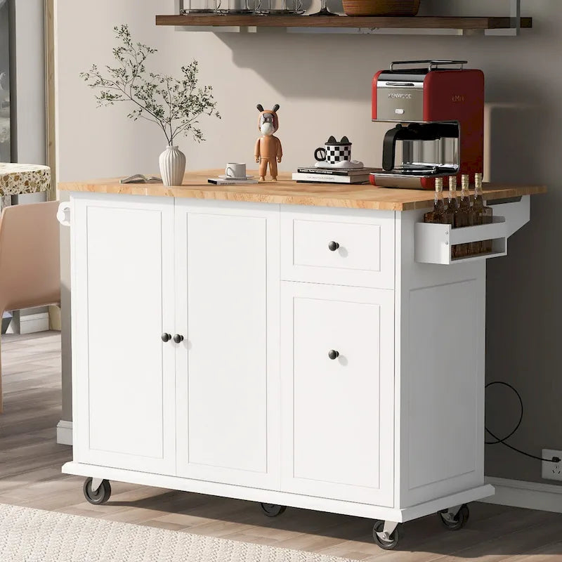 Îlot de cuisine roulant avec plateau en bois rabattable et armoire coulissante à 3 niveaux