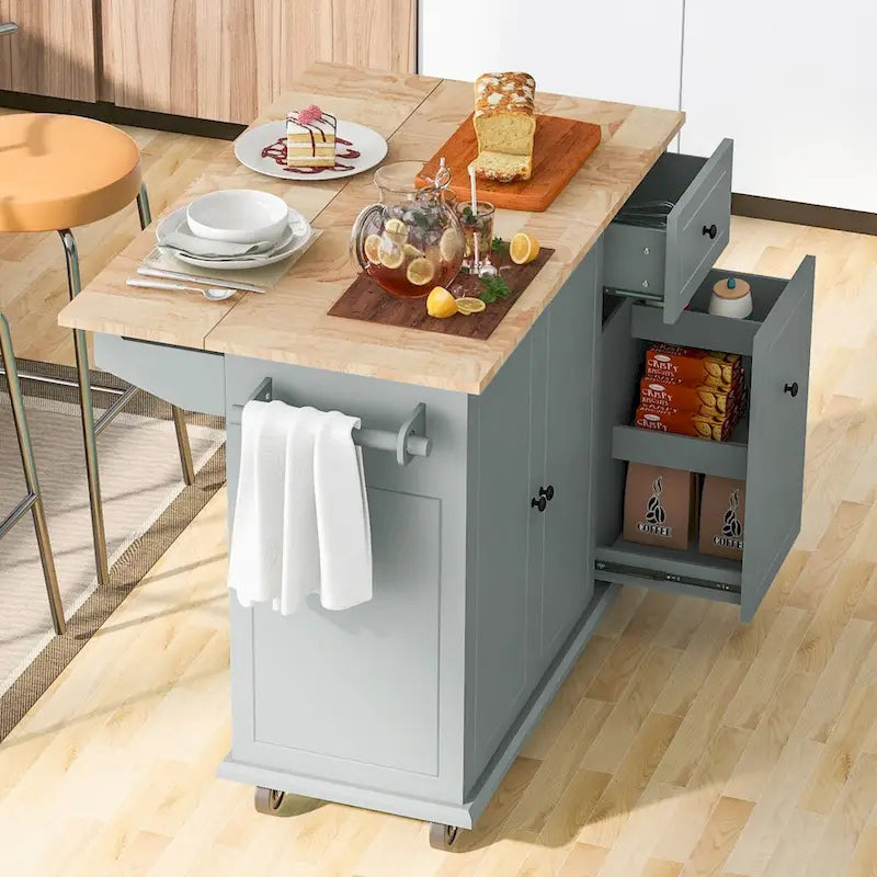 Îlot de cuisine roulant avec plateau en bois rabattable et armoire coulissante à 3 niveaux