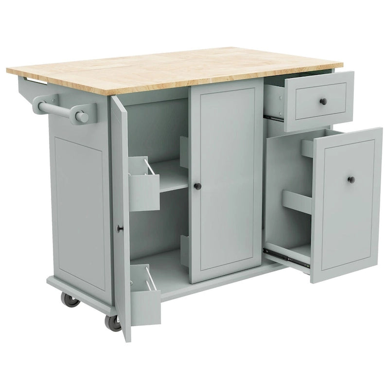 Îlot de cuisine roulant avec plateau en bois rabattable et armoire coulissante à 3 niveaux