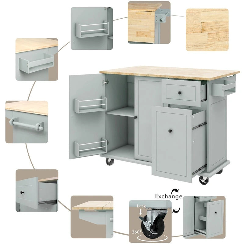 Îlot de cuisine roulant avec plateau en bois rabattable et armoire coulissante à 3 niveaux