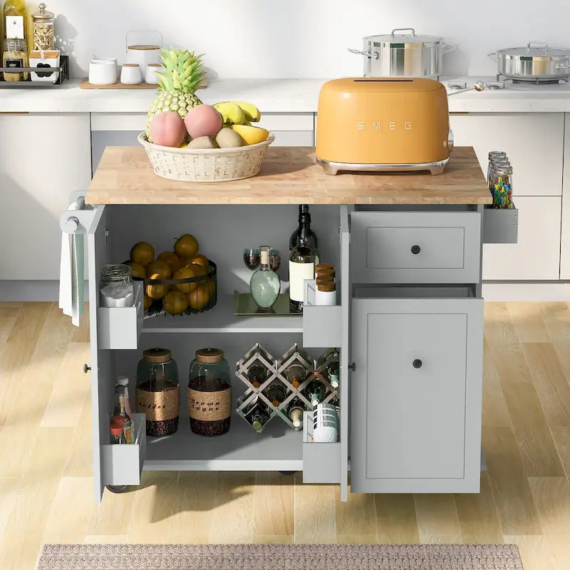 Îlot de cuisine roulant avec plateau en bois rabattable et armoire coulissante à 3 niveaux