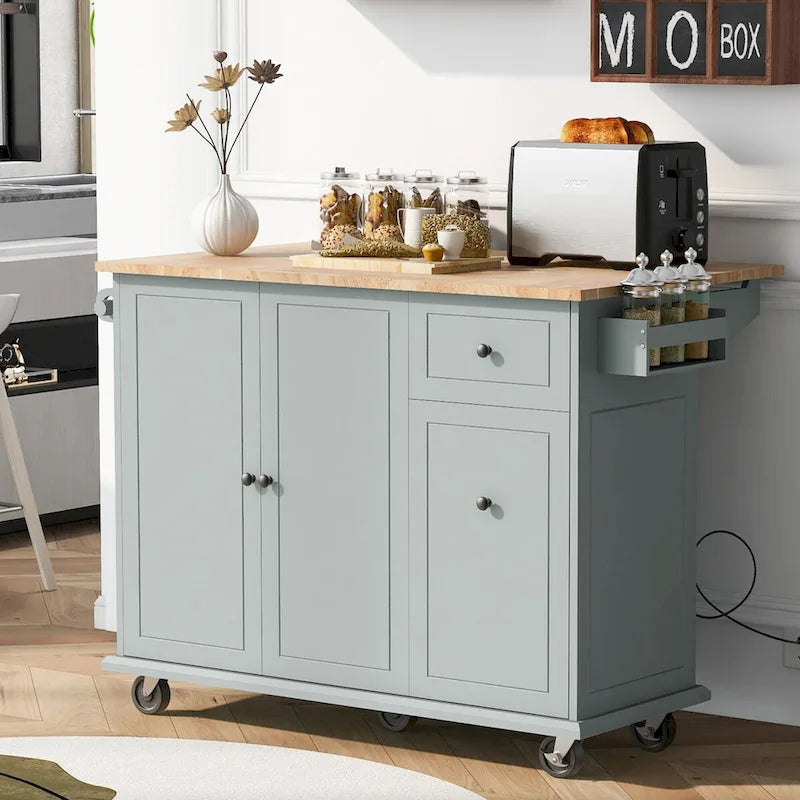 Îlot de cuisine roulant avec plateau en bois rabattable et armoire coulissante à 3 niveaux