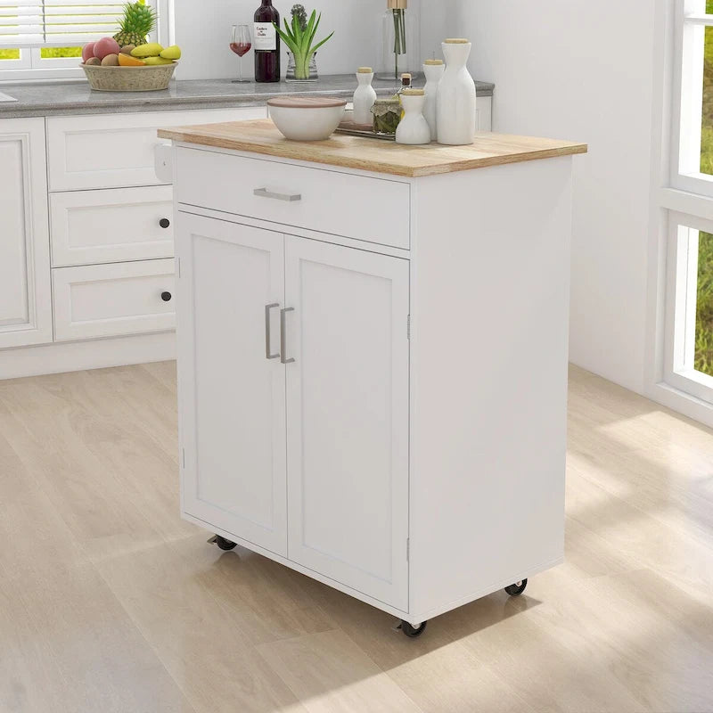 Desserte de cuisine roulante avec plateau en bois d'hévéa, tiroir, armoire et porte-serviettes