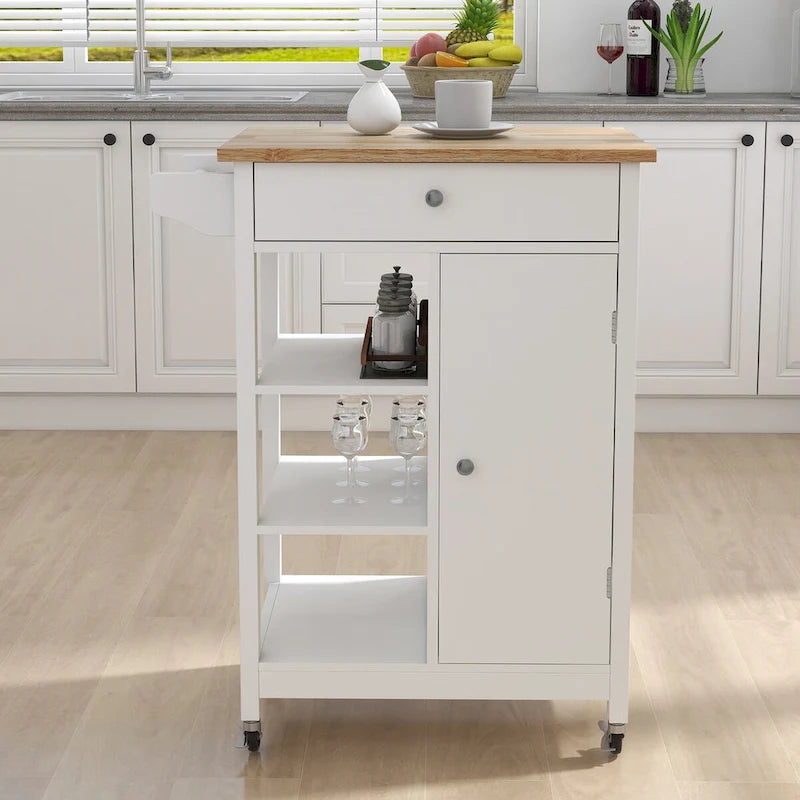 Desserte de cuisine roulante avec plateau en bois d'hévéa, tiroir, armoire et porte-serviettes