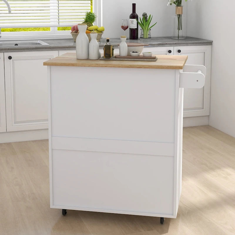 Desserte de cuisine roulante avec plateau en bois d'hévéa, tiroir, armoire et porte-serviettes