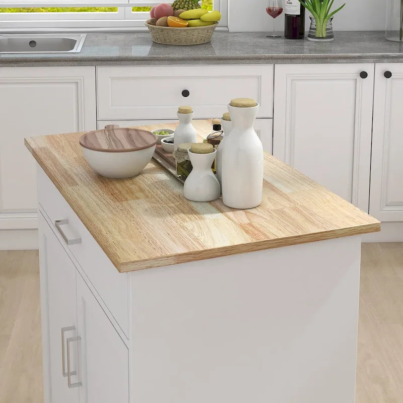 Desserte de cuisine roulante avec plateau en bois d'hévéa, tiroir, armoire et porte-serviettes