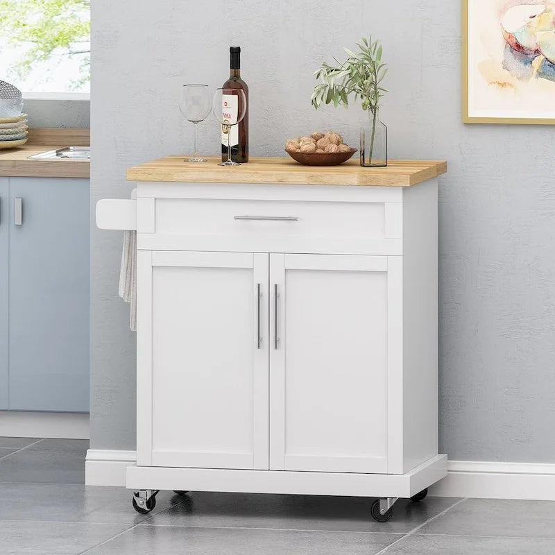 Desserte de cuisine contemporaine en bois avec tiroir, placard et roulettes blocables
