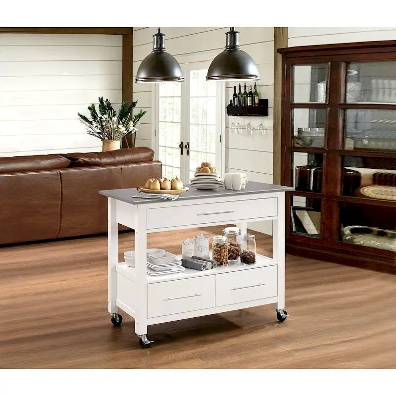 Desserte de cuisine en acier inoxydable avec tiroirs, casier à vin et roulettes blocables — Blanc