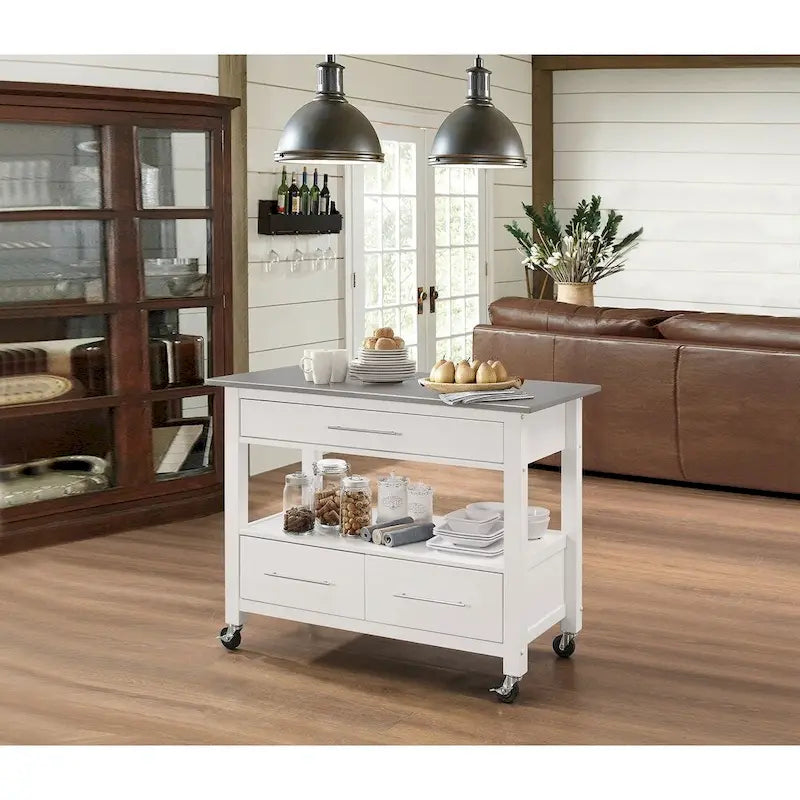Desserte de cuisine en acier inoxydable avec tiroirs, casier à vin et roulettes blocables — Blanc