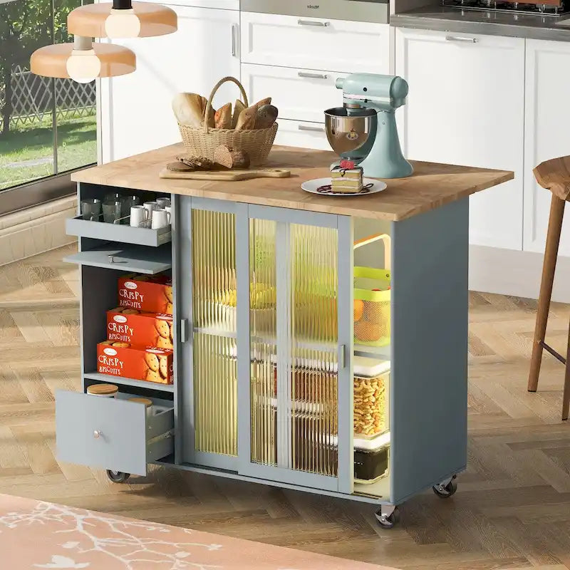 Îlot de cuisine roulant avec lumière LED, portes en verre cannelé et abattant