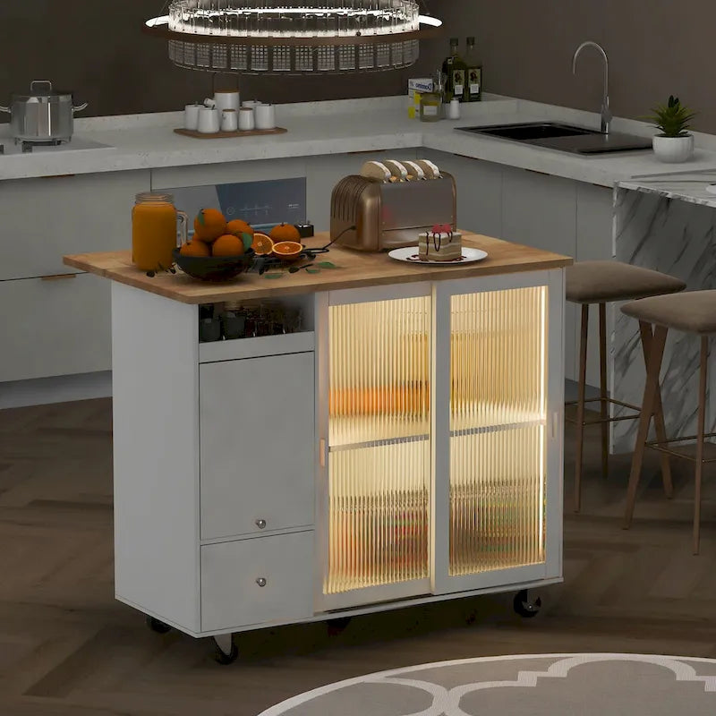 Îlot de cuisine roulant avec lumière LED, portes en verre cannelé et abattant
