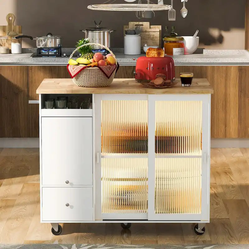 Îlot de cuisine roulant avec lumière LED, portes en verre cannelé et abattant