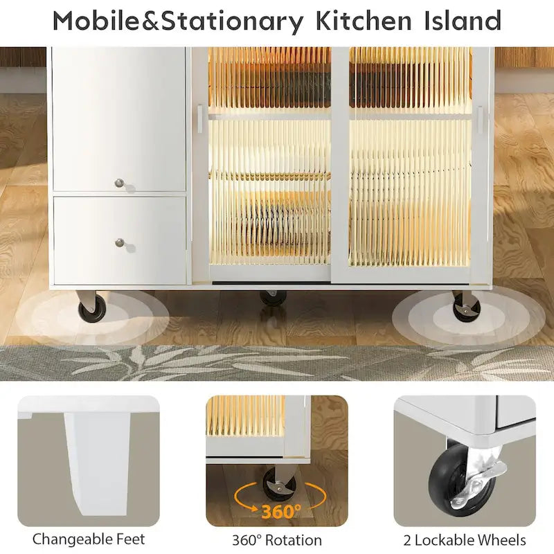 Îlot de cuisine roulant avec lumière LED, portes en verre cannelé et abattant