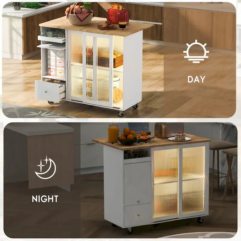 Îlot de cuisine roulant avec lumière LED, portes en verre cannelé et abattant