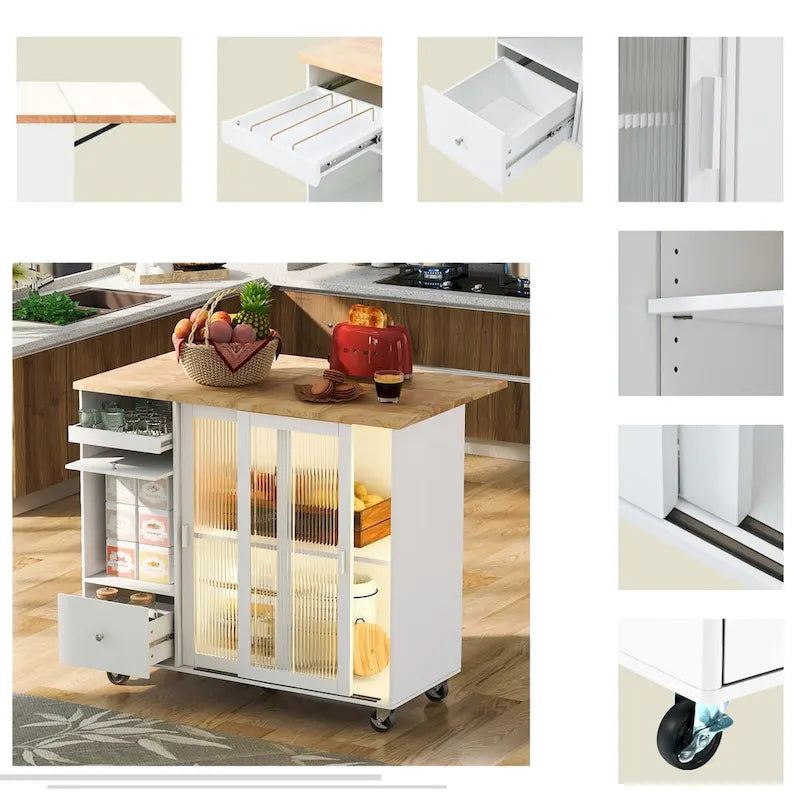 Îlot de cuisine roulant avec lumière LED, portes en verre cannelé et abattant