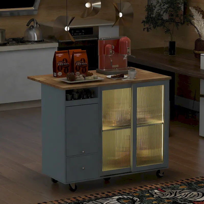Îlot de cuisine roulant avec lumière LED, portes en verre cannelé et abattant