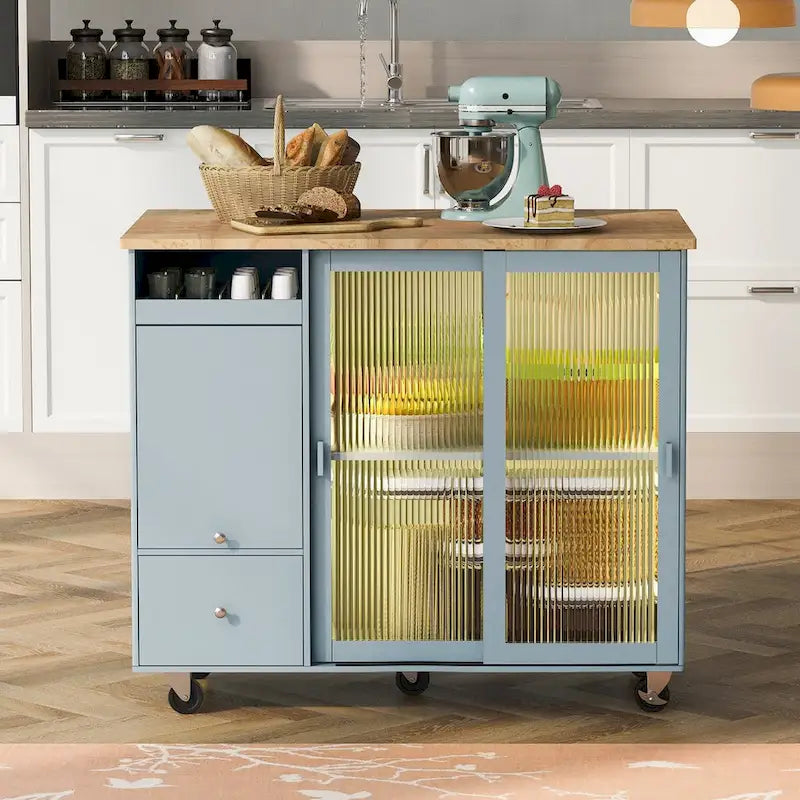 Îlot de cuisine roulant avec lumière LED, portes en verre cannelé et abattant