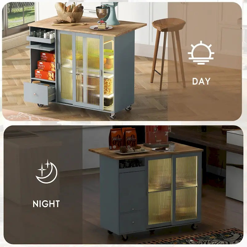Îlot de cuisine roulant avec lumière LED, portes en verre cannelé et abattant